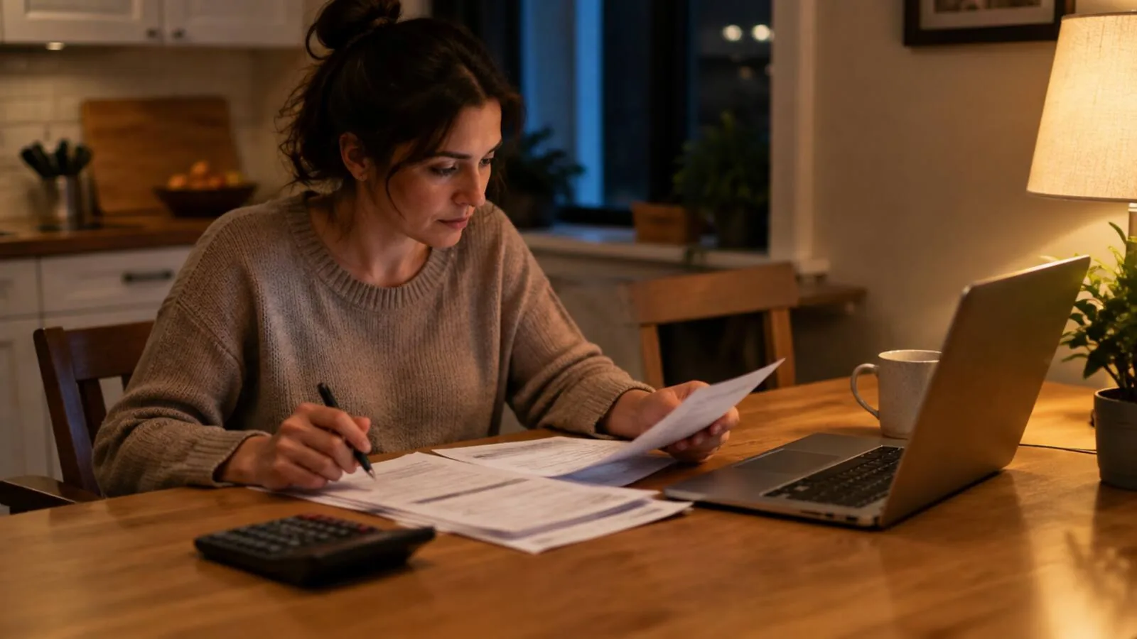 A woman at a kitchen table in the evening goes through a stack of bills with a pen, next to a calculator and a laptop