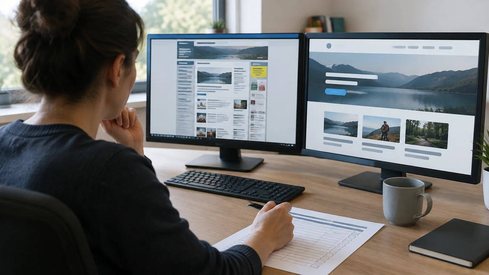 A business owner compares an old and a new version of a website on two screens at an office desk