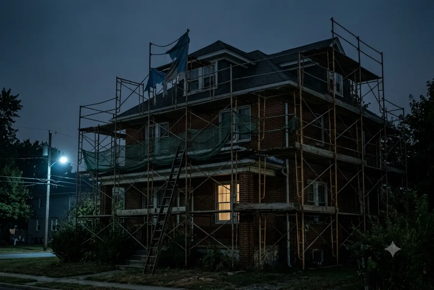 A brick house at night wrapped in weathered scaffolding that has clearly been up for years, one window glowing warmly behind the bars