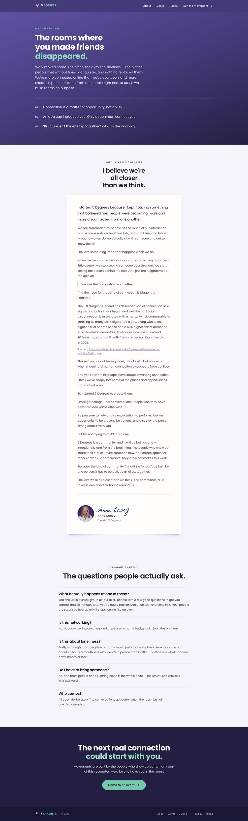 Full-page screenshot of the live 5degrees.org page: About — the founder's story — scroll to see the whole page