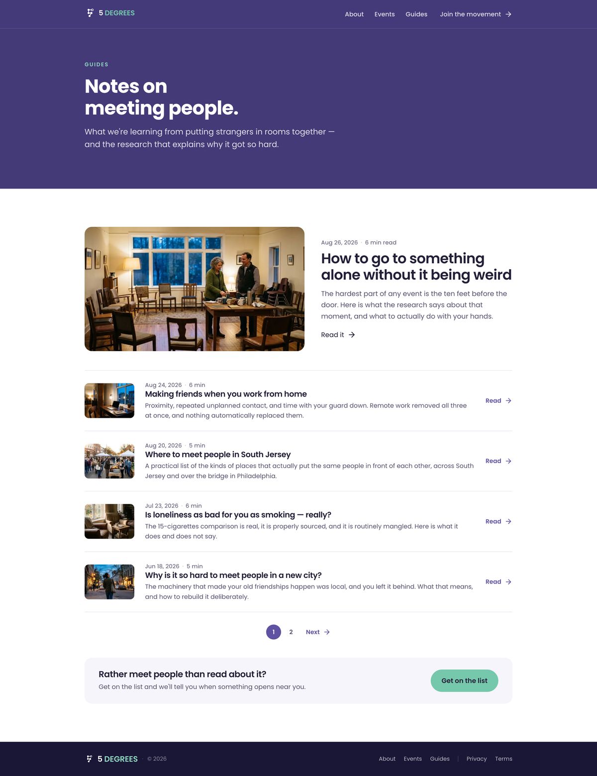 Full-page screenshot of the live 5degrees.org page: Guides — their blog — scroll to see the whole page