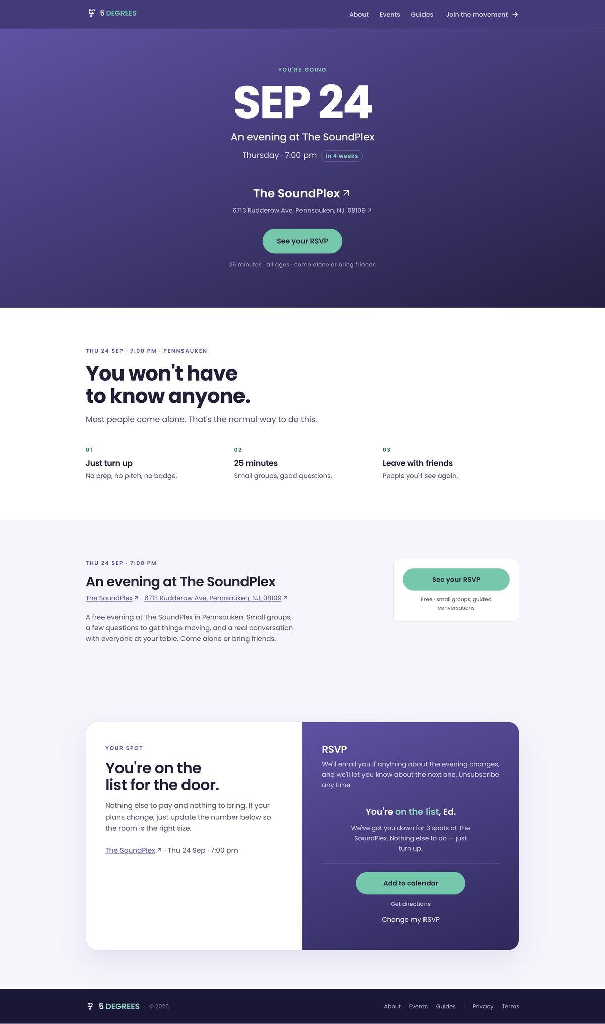 Full-page screenshot of the live 5degrees.org page: An event — RSVP, change it, add to calendar — scroll to see the whole page