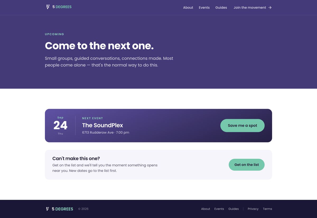 Full-page screenshot of the live 5degrees.org page: Events — what's coming up — scroll to see the whole page
