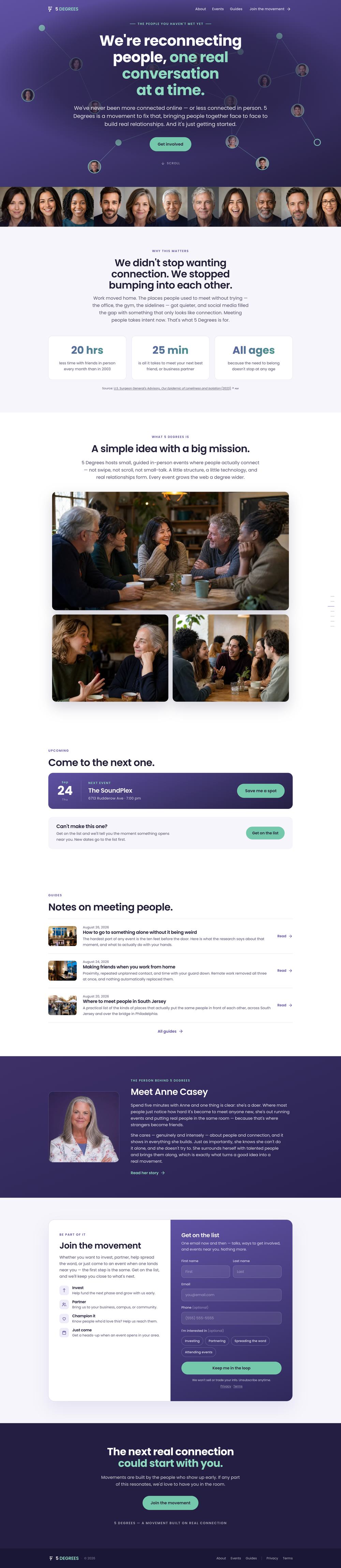 Full-page screenshot of the live 5degrees.org page: Home — the animated hero — scroll to see the whole page