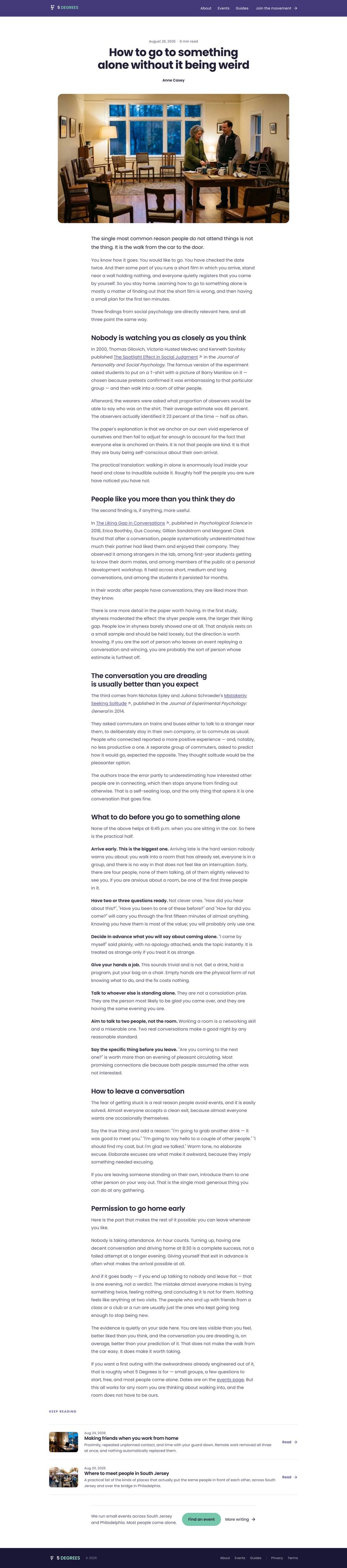 Full-page screenshot of the live 5degrees.org page: A guide — long-form, by their founder — scroll to see the whole page